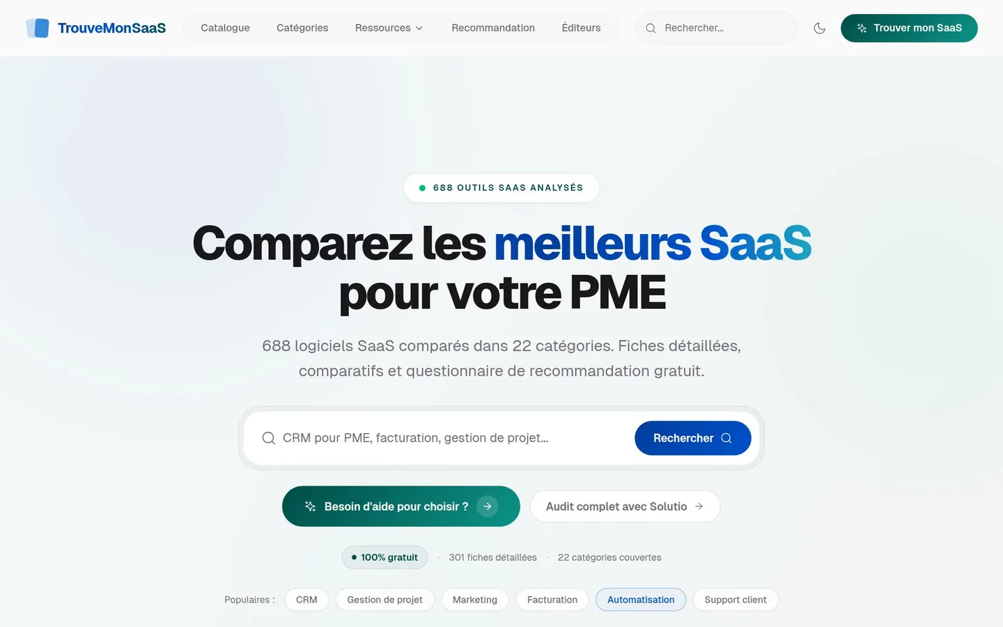 TrouveMonSaaS home page: compare the best SaaS tools for your SME